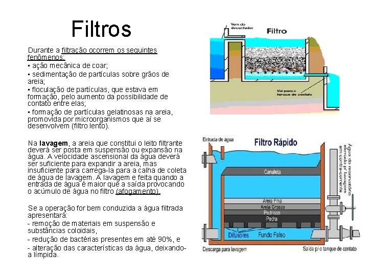 Filtros Durante a filtração ocorrem os seguintes fenômenos: • ação mecânica de coar; •