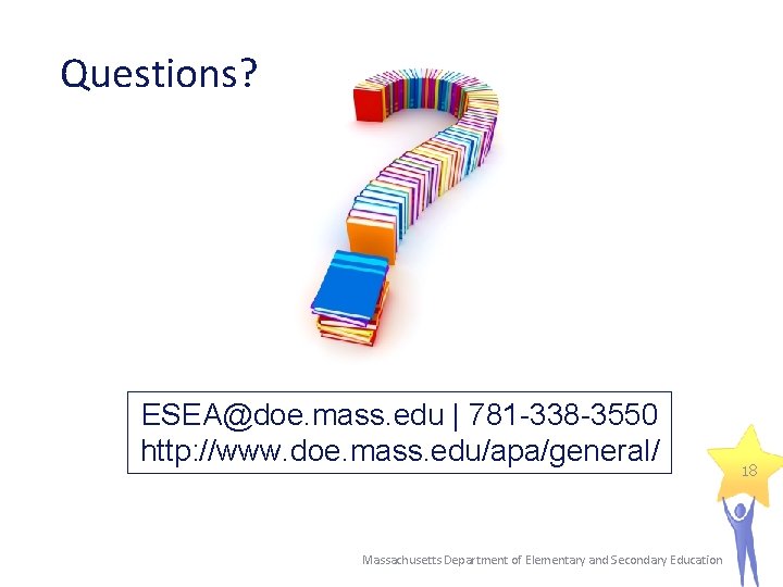 Questions? ESEA@doe. mass. edu | 781 -338 -3550 http: //www. doe. mass. edu/apa/general/ Massachusetts