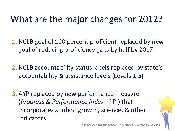 What are the major changes for 2012? 1. NCLB goal of 100 percent proficient