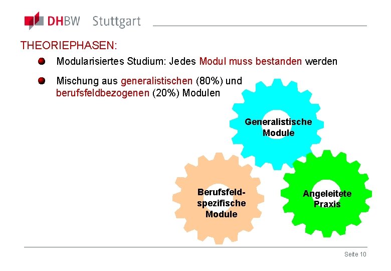 THEORIEPHASEN: Modularisiertes Studium: Jedes Modul muss bestanden werden Mischung aus generalistischen (80%) und berufsfeldbezogenen