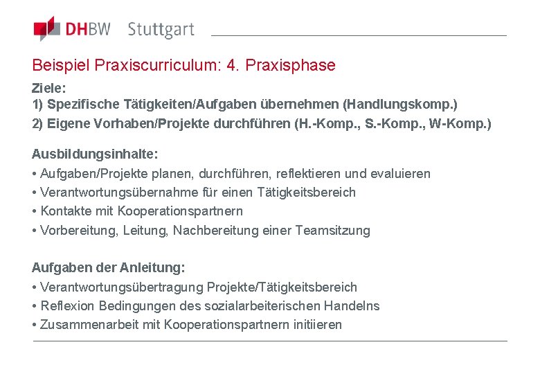 Beispiel Praxiscurriculum: 4. Praxisphase Ziele: 1) Spezifische Tätigkeiten/Aufgaben übernehmen (Handlungskomp. ) 2) Eigene Vorhaben/Projekte