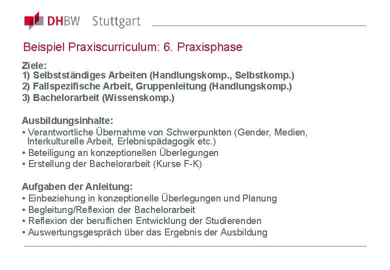 Beispiel Praxiscurriculum: 6. Praxisphase Ziele: 1) Selbstständiges Arbeiten (Handlungskomp. , Selbstkomp. ) 2) Fallspezifische