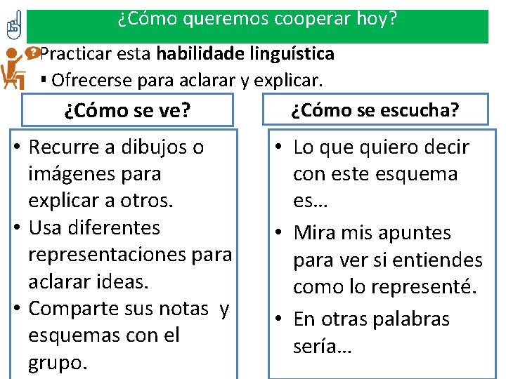 ¿Cómo queremos cooperar hoy? Practicar esta habilidade linguística § Ofrecerse para aclarar y explicar.