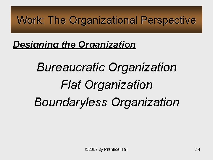 Work: The Organizational Perspective Designing the Organization Bureaucratic Organization Flat Organization Boundaryless Organization ©