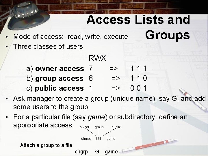 Access Lists and read, write, execute Groups • Mode of access: • Three classes
