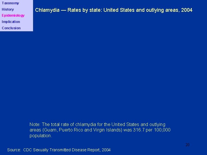 Taxonomy History Chlamydia — Rates by state: United States and outlying areas, 2004 Epidemiology