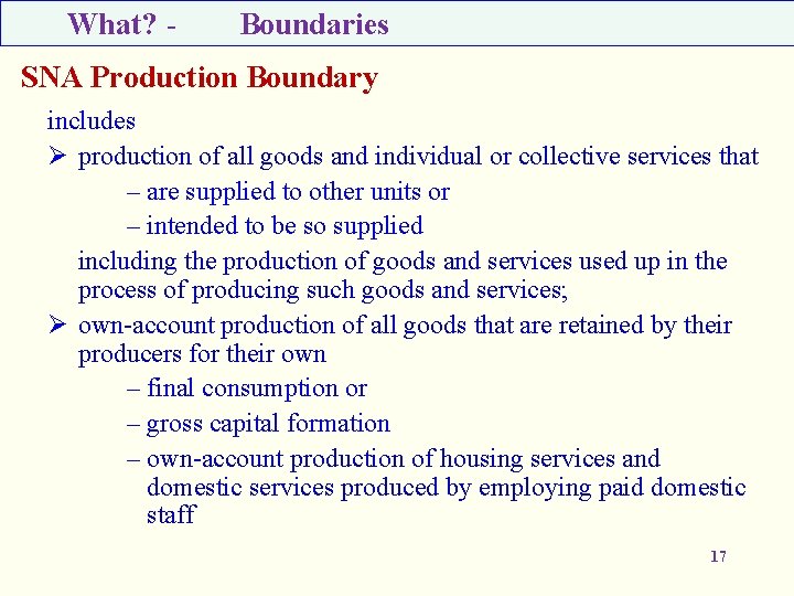 What? - Boundaries SNA Production Boundary includes Ø production of all goods and individual
