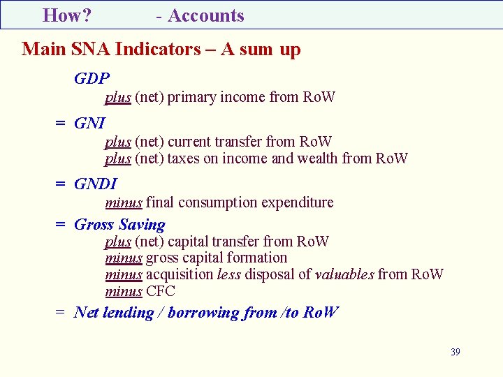 How? - Accounts Main SNA Indicators – A sum up GDP plus (net) primary