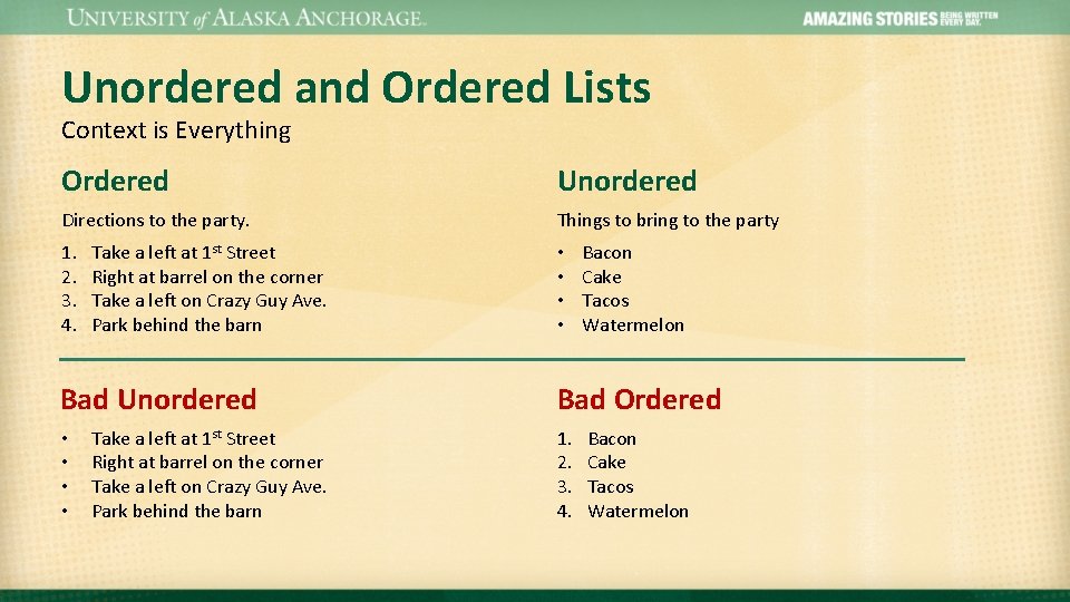 Unordered and Ordered Lists Context is Everything Ordered Unordered Directions to the party. Things