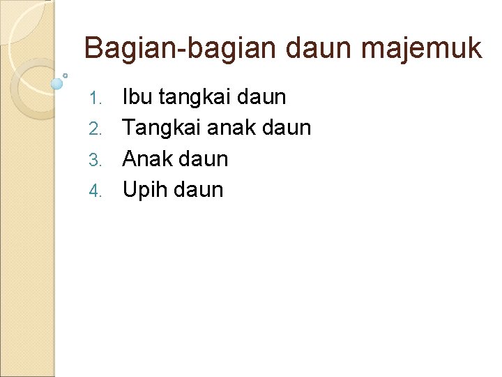 Bagian-bagian daun majemuk Ibu tangkai daun 2. Tangkai anak daun 3. Anak daun 4.