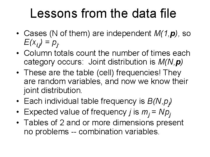Lessons from the data file • Cases (N of them) are independent M(1, p),