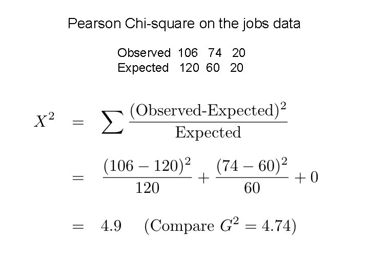 Pearson Chi-square on the jobs data Observed 106 74 20 Expected 120 60 20