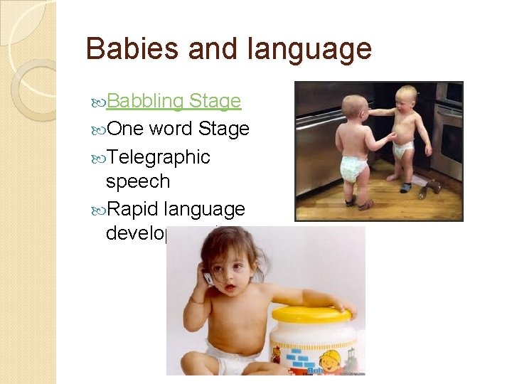 Babies and language Babbling Stage One word Stage Telegraphic speech Rapid language development 