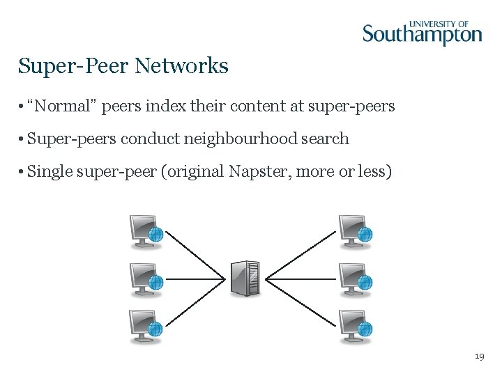 Super-Peer Networks • “Normal” peers index their content at super-peers • Super-peers conduct neighbourhood