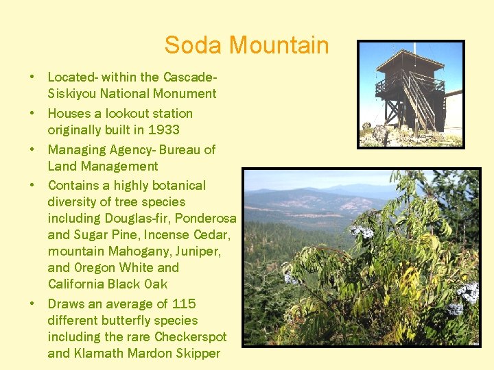 Soda Mountain • Located- within the Cascade. Siskiyou National Monument • Houses a lookout