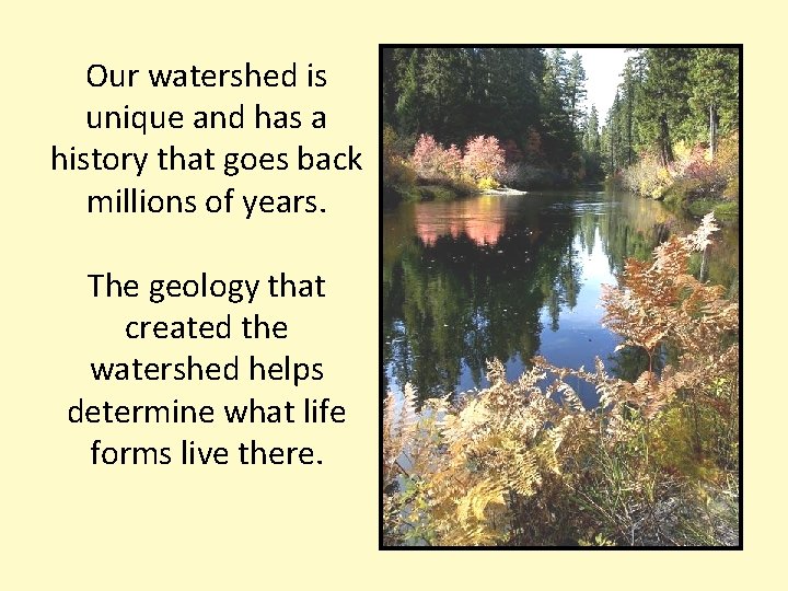 Our watershed is unique and has a history that goes back millions of years.