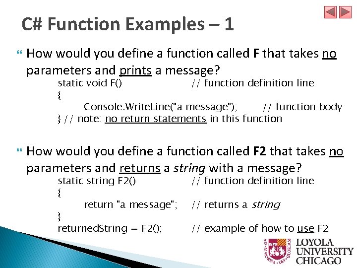 C# Function Examples – 1 How would you define a function called F that