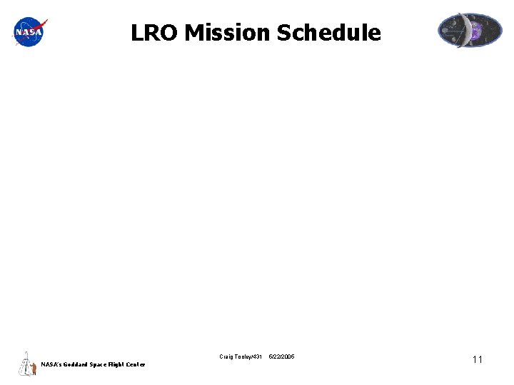LRO Mission Schedule Craig Tooley/431 NASA’s Goddard Space Flight Center 5/22/2005 11 