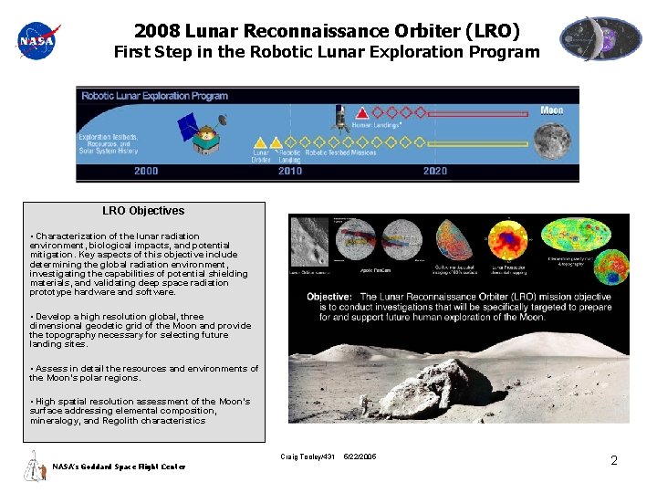 2008 Lunar Reconnaissance Orbiter (LRO) First Step in the Robotic Lunar Exploration Program LRO