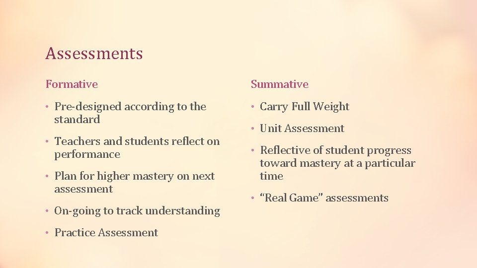 Assessments Formative Summative • Pre-designed according to the • Carry Full Weight standard •