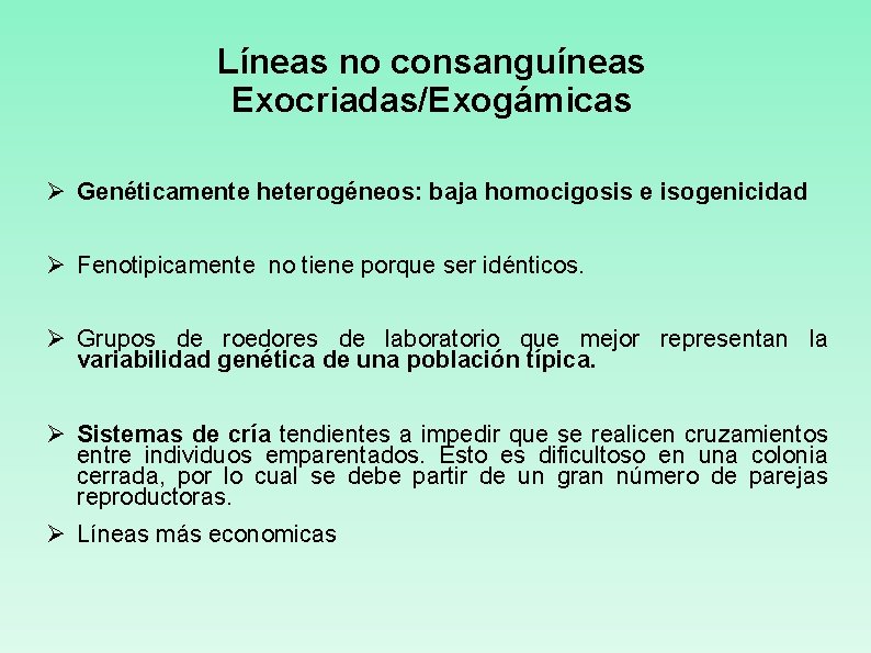 Líneas no consanguíneas Exocriadas/Exogámicas Ø Genéticamente heterogéneos: baja homocigosis e isogenicidad Ø Fenotipicamente no