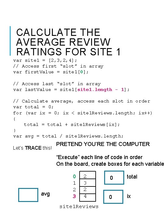 CALCULATE THE AVERAGE REVIEW RATINGS FOR SITE 1 var site 1 = [2, 3,
