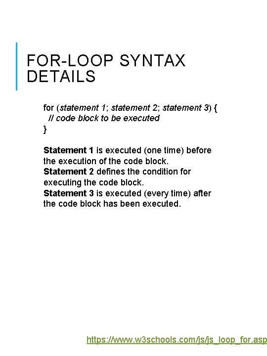 FOR-LOOP SYNTAX DETAILS for (statement 1; statement 2; statement 3) { // code block