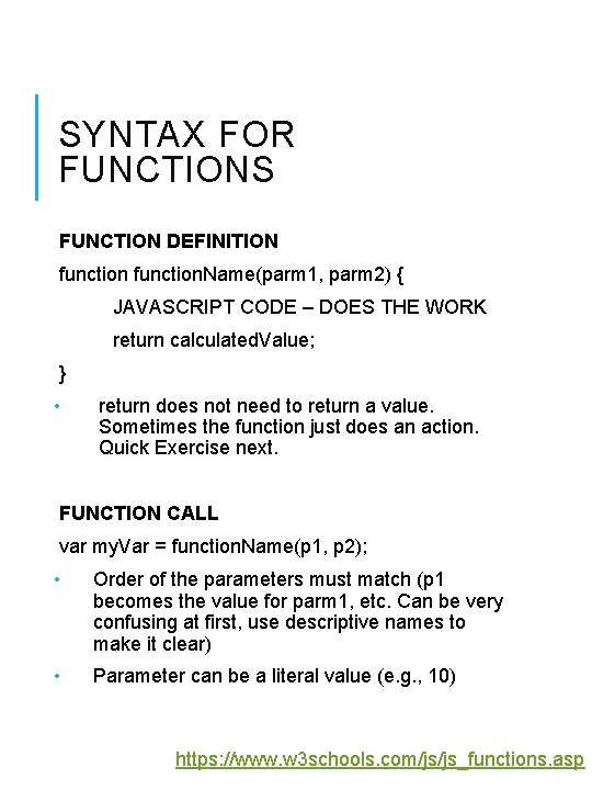 SYNTAX FOR FUNCTIONS FUNCTION DEFINITION function. Name(parm 1, parm 2) { JAVASCRIPT CODE –
