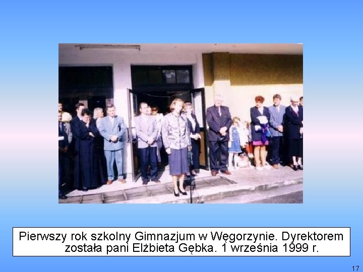 Pierwszy rok szkolny Gimnazjum w Węgorzynie. Dyrektorem została pani Elżbieta Gębka. 1 września 1999