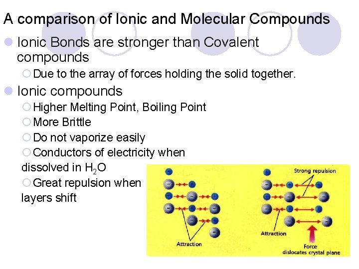 A comparison of Ionic and Molecular Compounds l Ionic Bonds are stronger than Covalent