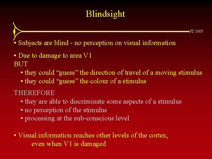 Blindsight PS 1003 • Subjects are blind - no perception on visual information •