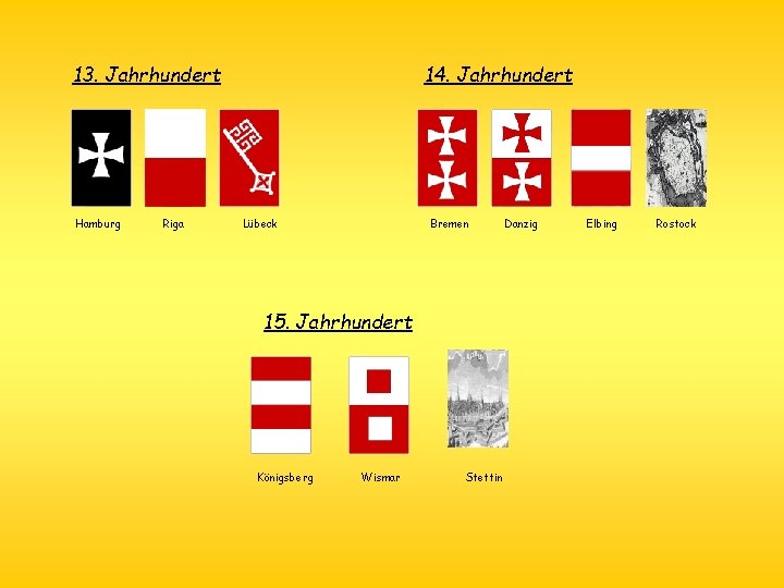 13. Jahrhundert Hamburg Riga 14. Jahrhundert Lübeck Bremen 15. Jahrhundert Königsberg Wismar Stettin Danzig