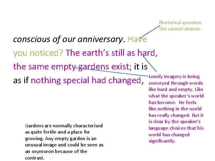 Rhetorical question. She cannot answer. conscious of our anniversary. Have you noticed? The earth’s