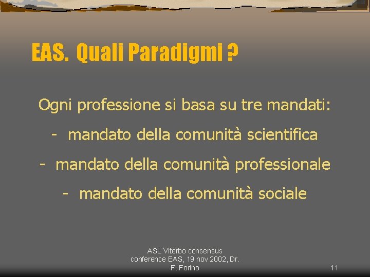 EAS. Quali Paradigmi ? Ogni professione si basa su tre mandati: - mandato della