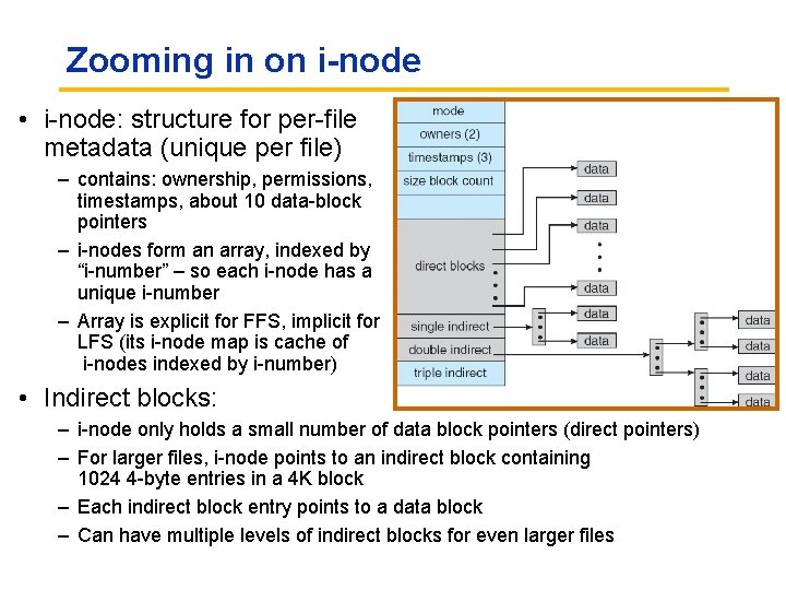 Zooming in on i-node • i-node: structure for per-file metadata (unique per file) –