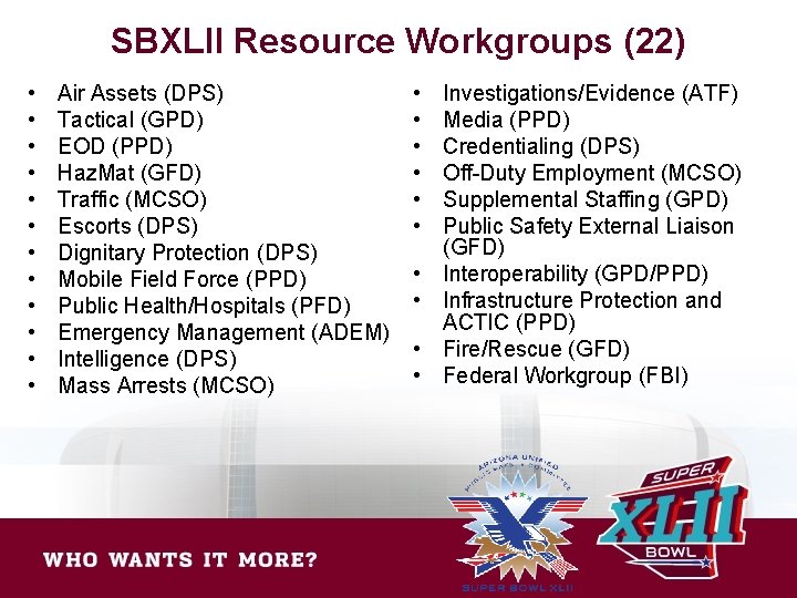 SBXLII Resource Workgroups (22) • • • Air Assets (DPS) Tactical (GPD) EOD (PPD)