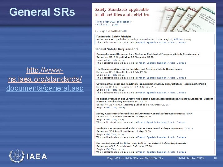 General SRs http: //wwwns. iaea. org/standards/ documents/general. asp IAEA Reg'l WS on IAEA SSs