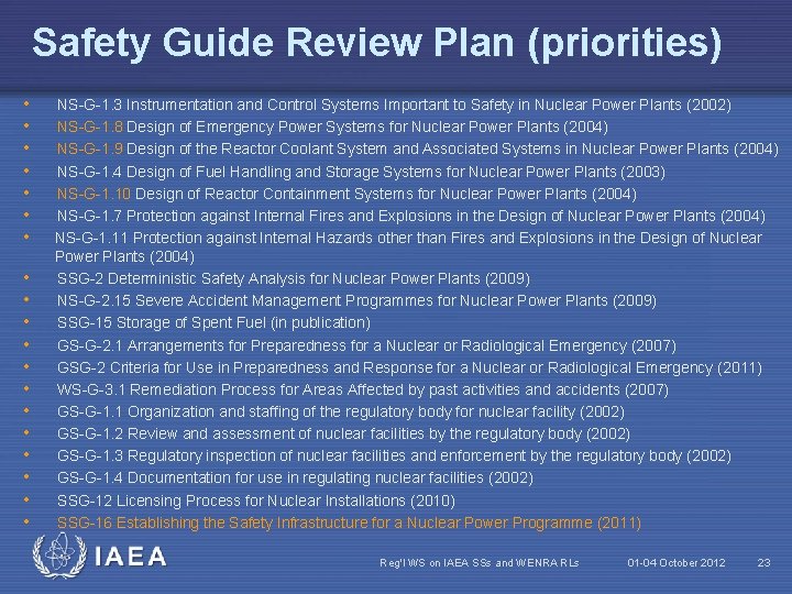Safety Guide Review Plan (priorities) • • • • • NS-G-1. 3 Instrumentation and