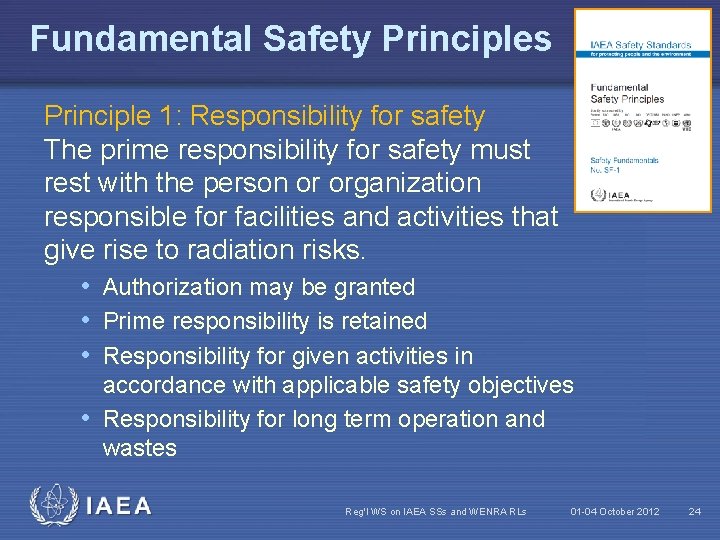 Fundamental Safety Principles Principle 1: Responsibility for safety The prime responsibility for safety must