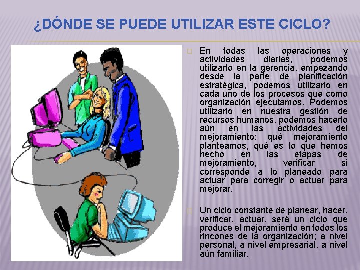 ¿DÓNDE SE PUEDE UTILIZAR ESTE CICLO? � En todas las operaciones y actividades diarias,