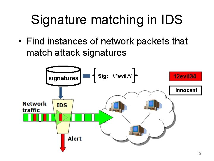 Signature matching in IDS • Find instances of network packets that match attack signatures