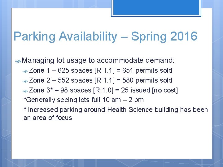 Parking Availability – Spring 2016 Managing lot usage to accommodate demand: Zone 1 –