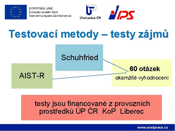 Testovací metody – testy zájmů Schuhfried AIST-R 60 otázek okamžité vyhodnocení testy jsou financované