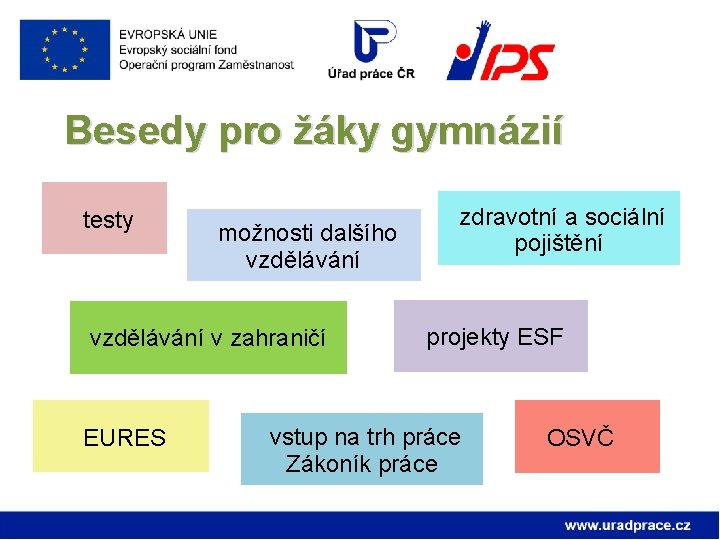 Besedy pro žáky gymnázií testy možnosti dalšího vzdělávání v zahraničí EURES zdravotní a sociální