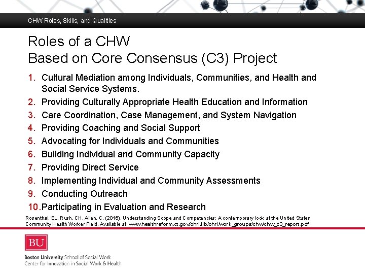 CHW Roles, Skills, and Qualities Roles of a CHW Based on Core Consensus (C
