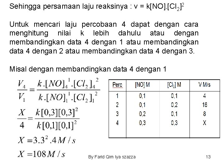 Sehingga persamaan laju reaksinya : v = k[NO]. [Cl 2]2 Untuk mencari laju percobaan