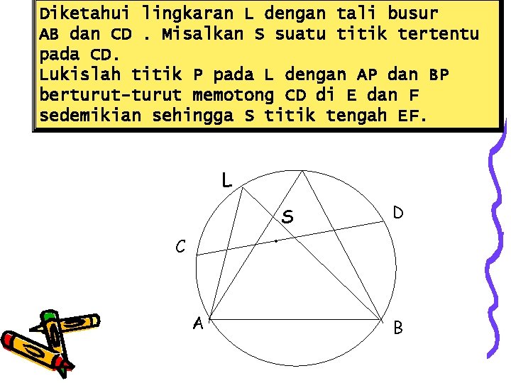 Diketahui lingkaran L dengan tali busur AB dan CD. Misalkan S suatu titik tertentu Diketahui lingkaran L dengan tali busur AB dan CD. Misalkan S suatu titik tertentu
