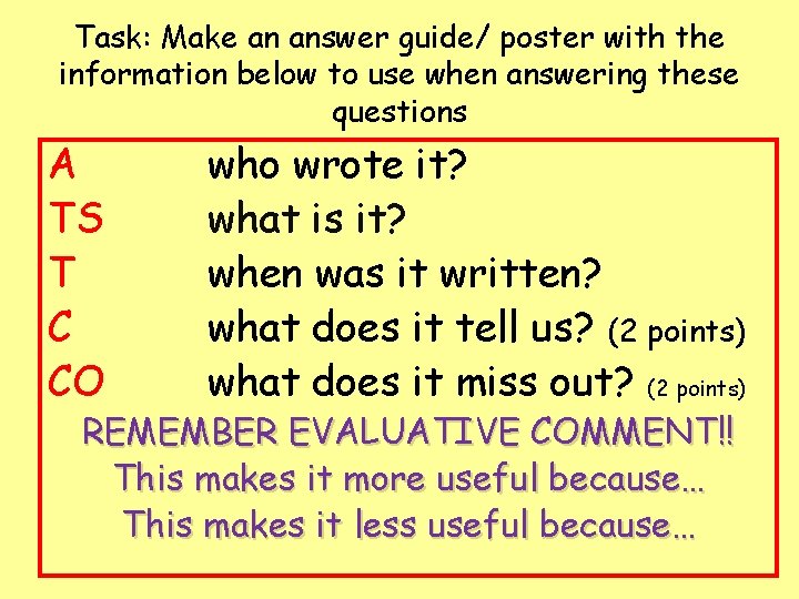 Task: Make an answer guide/ poster with the information below to use when answering