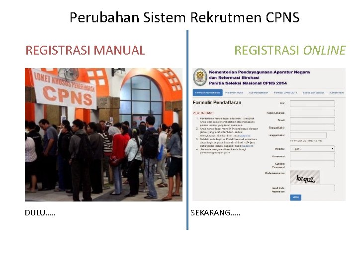 Perubahan Sistem Rekrutmen CPNS REGISTRASI MANUAL DULU…. . REGISTRASI ONLINE SEKARANG…. . 