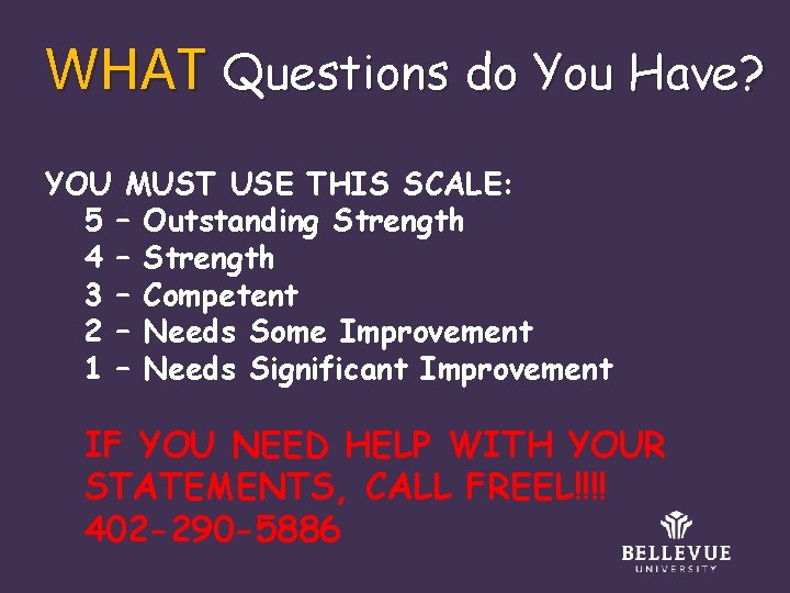 WHAT Questions do You Have? YOU MUST USE THIS SCALE: 5 – Outstanding Strength